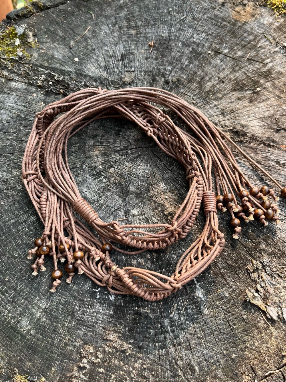 Boho Festival Brown Jute Braided Macrame Tie Belt Fringe Wooden Beads